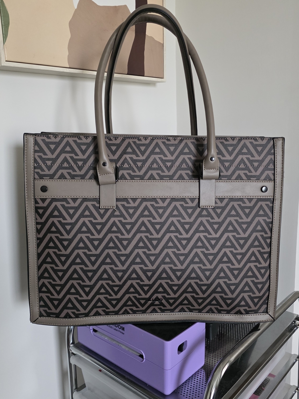 Aldo Taupe Geometric Tote Bag Black Trim Large Work Shoulder Travel Bag